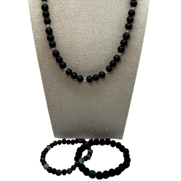 Elegant Black Glass Bead Necklace & Stone Bracelets Set.  C4 - Picture 1 of 13